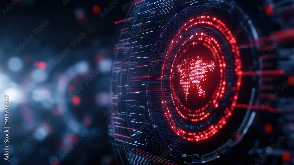 Obraz premium Dynamic abstract visualization of data flow with red highlights and world map representation, ideal for technology and innovation themes.