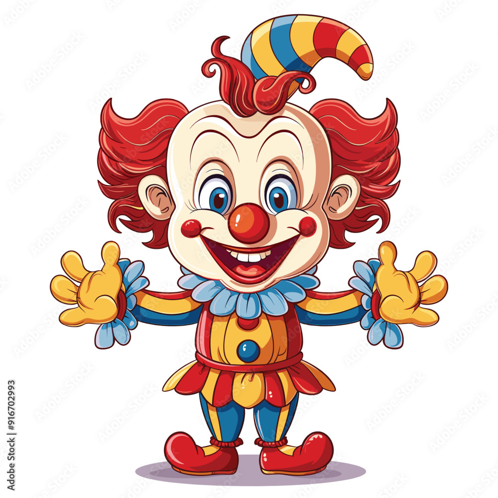  colorful cartoon clown with big hair and a wide smile on a white background.
