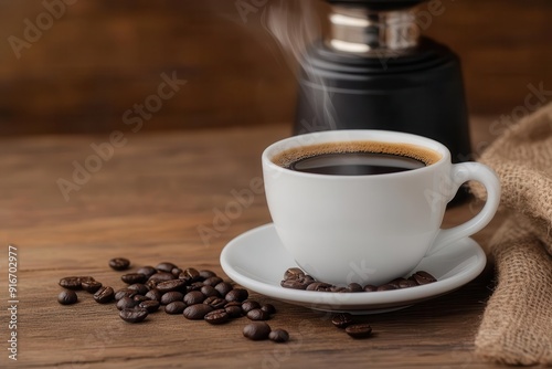 Freshly brewed coffee in a white cup, accompanied by roasted coffee beans and a cozy setting.