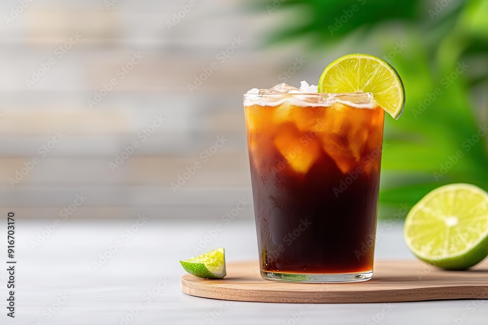 Fototapeta premium Refreshing iced drink with lime slice, ideal for summer relaxation and enjoyment on a sunny day.