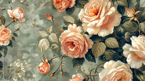 A vintage wallpaper featuring a floral tapestry with richly detailed roses and tulips. The flowers are depicted in soft, muted colors with intricate designs, photo