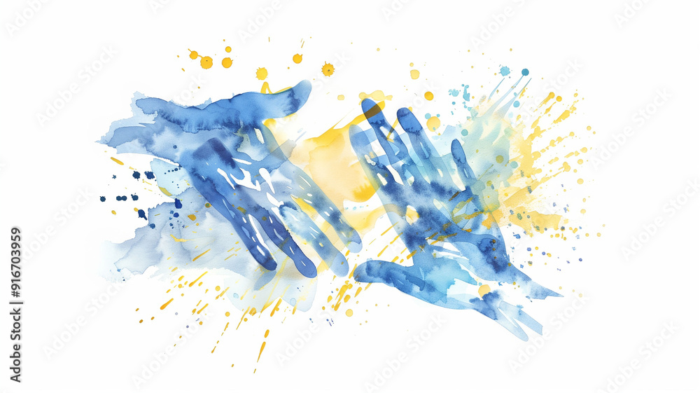 Naklejka premium symbolic image of two hands painted in the colors of the Ukrainian flag. The overlapping hands represent unity, harmony, and the strength found in diversity.