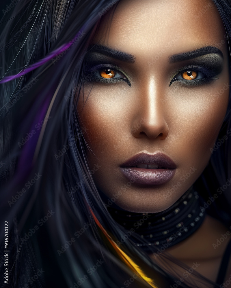 A captivating close-up portrait of a woman with striking makeup and a mesmerizing gaze. The flowing dark hair A captivating close-up portrait of a woman with striking makeup and a mesmerizing gaze. The flowing dark hair