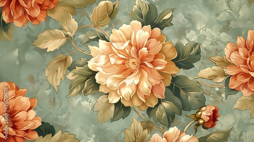 A vintage wallpaper featuring classic floral prints with dahlias and hibiscus. The flowers are depicted in soft, muted colors with intricate, repeating patterns, photo