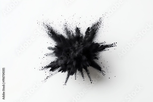 Craft a high-contrast black color powder burst from a birds-eye perspective, suspending in motion, against a clean white backdrop