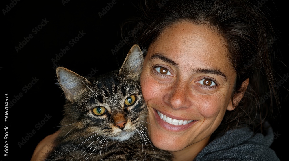 Smiling Woman Holding A Blissful, Relaxed Tabby Cat Smiling Woman Holding A Blissful, Relaxed Tabby Cat