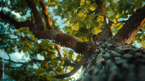 Beautiful beech tree taken directly from below with nice and old trunk during springtime with beautiful green colors in the Montseny nature reserve in the Catalonia region. photo