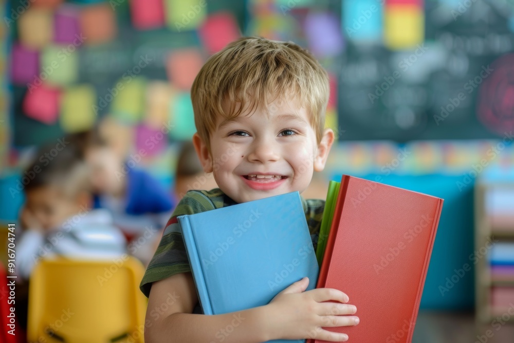 Cute child smiling brightly surrounded colorful books class. Joyful child leaning pile of colorful books full of happiness. Innocence and joy of childhood.