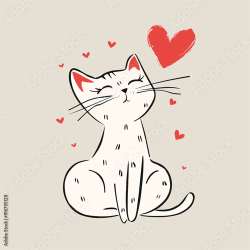 Happy black and white cat illustration with red hearts, symbolizing love.

