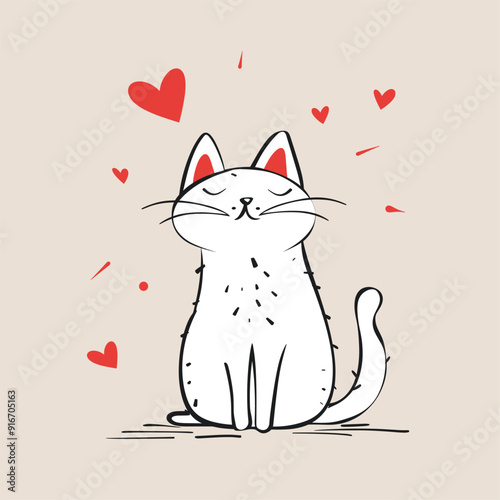 Happy black and white cat illustration with red hearts, symbolizing love.
