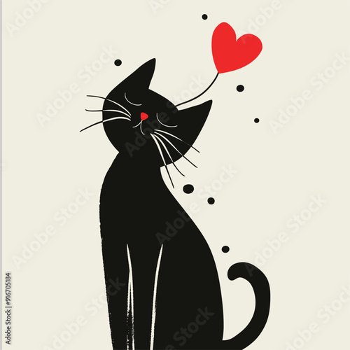 Happy black and white cat illustration with red hearts, symbolizing love.
