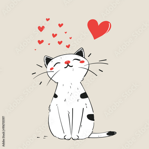 Happy black and white cat illustration with red hearts, symbolizing love.
