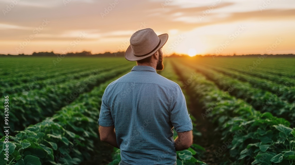 A farmer stands in a lush green field, gazing at a beautiful sunset, reflecting on a day of hard work and nature's beauty. A farmer stands in a lush green field, gazing at a beautiful sunset, reflecting on a day of hard work and nature's beauty.