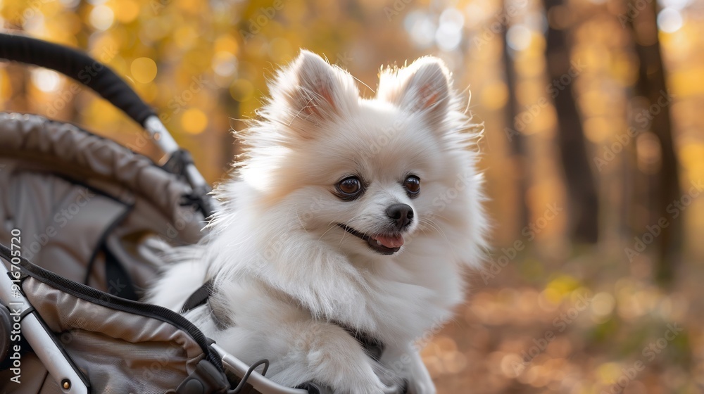 Fototapeta premium a white pomeranian dog is in a baby stroller, cute, beautiful and full of warmth and romance