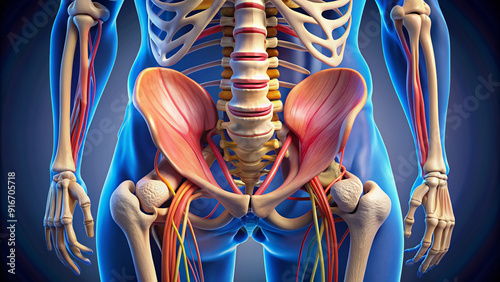 Illustration of the human pelvis anatomy, showcasing the sacrum, coccyx, ilium, ischium, and pubis bones, with ligaments and joints, in a detailed, colorful, 3D representation. photo