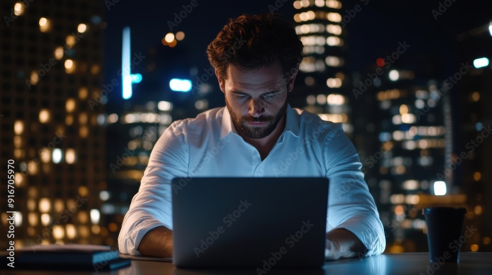 A focused individual working late at night on a laptop, surrounded by a vibrant city skyline, capturing the essence of productivity. A focused individual working late at night on a laptop, surrounded by a vibrant city skyline, capturing the essence of productivity.