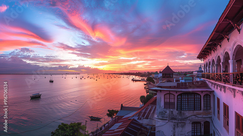 A panoramic view of Zanzibar's skyline at sunset, showcasing the vibrant colors of the sky and the unique architectural blend