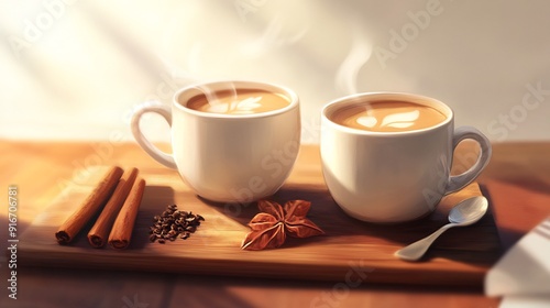 Two Cups of Coffee on a Wooden Tray with Spices