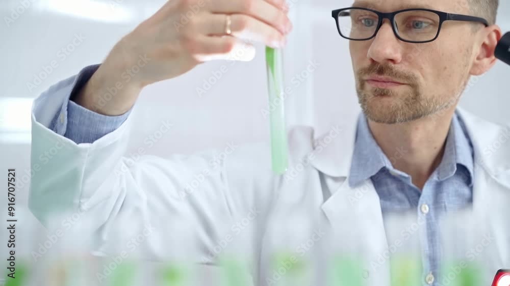 Scientist examining lab tube with a green fluid. Microbiology and science concept Scientist examining lab tube with a green fluid. Microbiology and science concept