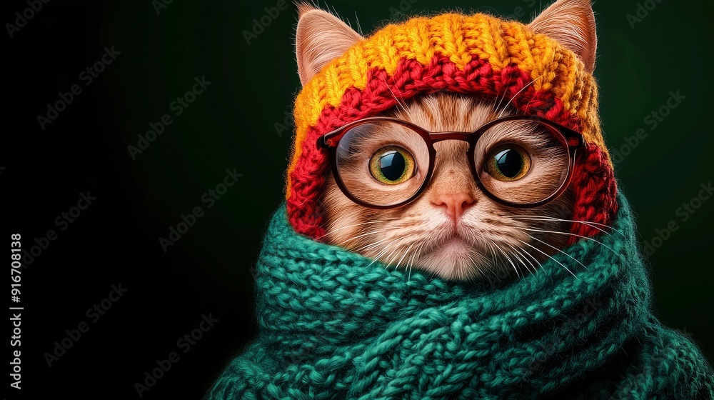 Surprised Cat Wearing Glasses And A Knitted Scarf Surprised Cat Wearing Glasses And A Knitted Scarf