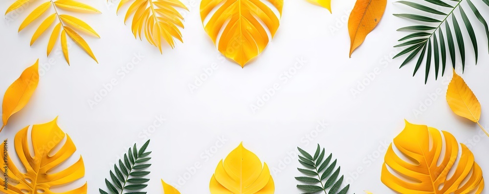 Tropical leaves arranged in a frame on a white background. Perfect for adding a touch of summer to your designs. Tropical leaves arranged in a frame on a white background. Perfect for adding a touch of summer to your designs.