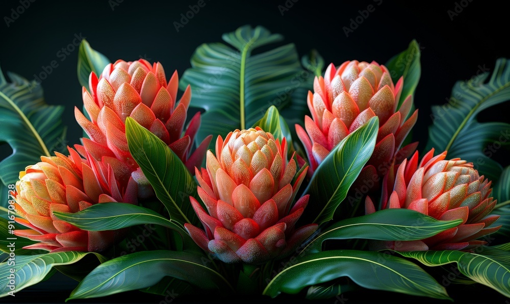 Bold 3D floral arrangement with a central copy space, set against a black background Bold 3D floral arrangement with a central copy space, set against a black background