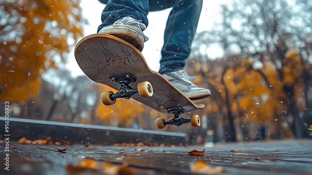 Close-up of a skateboard in motion at a skate park during sunset, with graffiti in the background