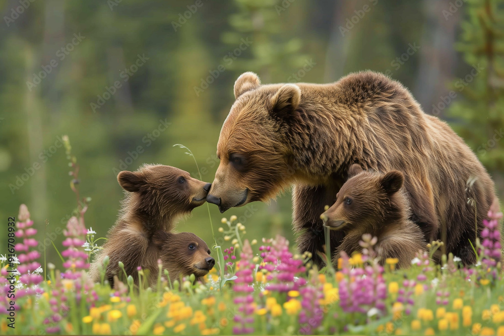 Fototapeta premium A mother bear with her cubs in the forest