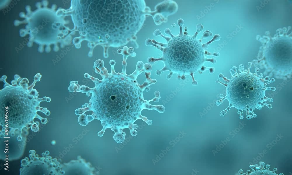 Microscopic Menace: A 3D rendering of virus cells, their intricate structures illuminated against a cool blue backdrop. This image evokes a sense of caution and the importance of health. Microscopic Menace: A 3D rendering of virus cells, their intricate structures illuminated against a cool blue backdrop. This image evokes a sense of caution and the importance of health.