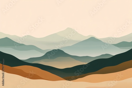 color gradient of brown to green vibrant background with minimalistic style mountains, art minimal landskape, wallpaper, banner, copy space