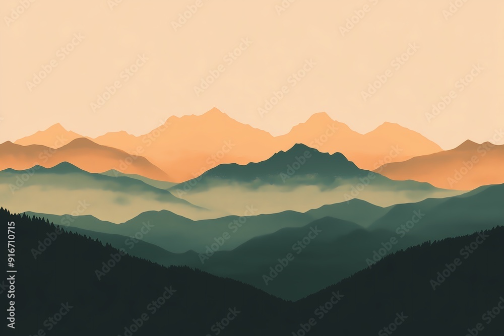 Obraz premium color gradient of brown to green vibrant background with minimalistic style mountains, art minimal landskape, wallpaper, banner, copy space