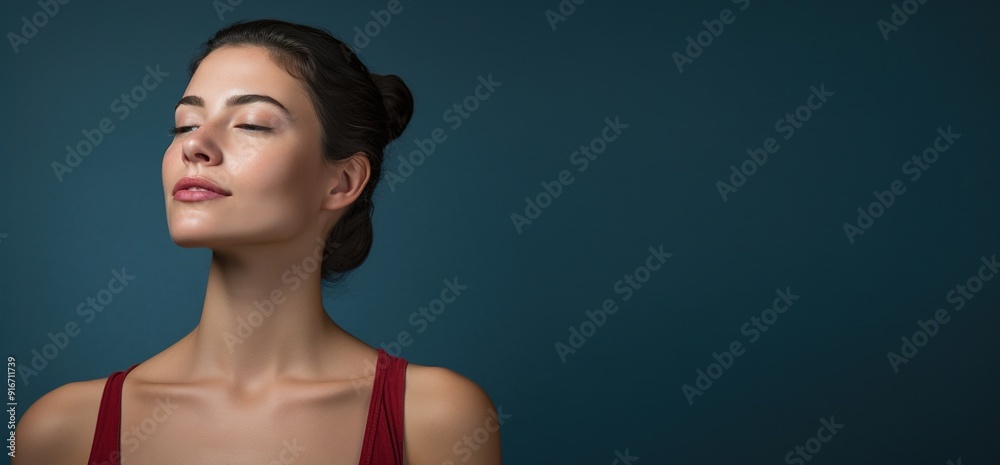 A woman with a red tank top is looking at the camera with a peaceful expression A woman with a red tank top is looking at the camera with a peaceful expression