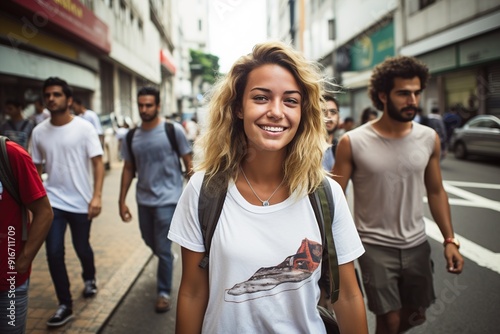 Fototapeta Naklejka Na Ścianę i Meble -  A woman wearing a white shirt with a shoe on it walks down a street with a group