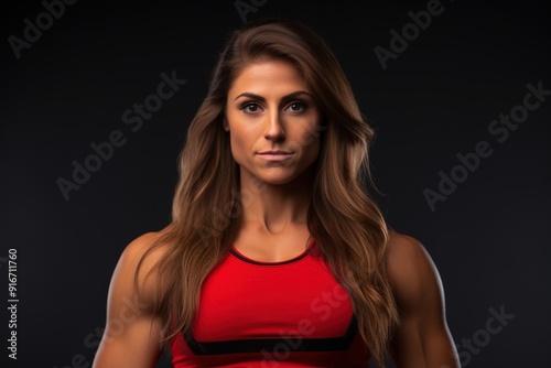 A woman with long brown hair is wearing a red tank top
