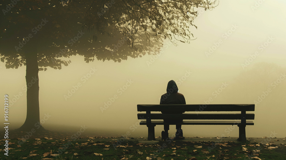 A person sitting alone on a park bench, surrounded by misty morning light, feeling A person sitting alone on a park bench, surrounded by misty morning light, feeling