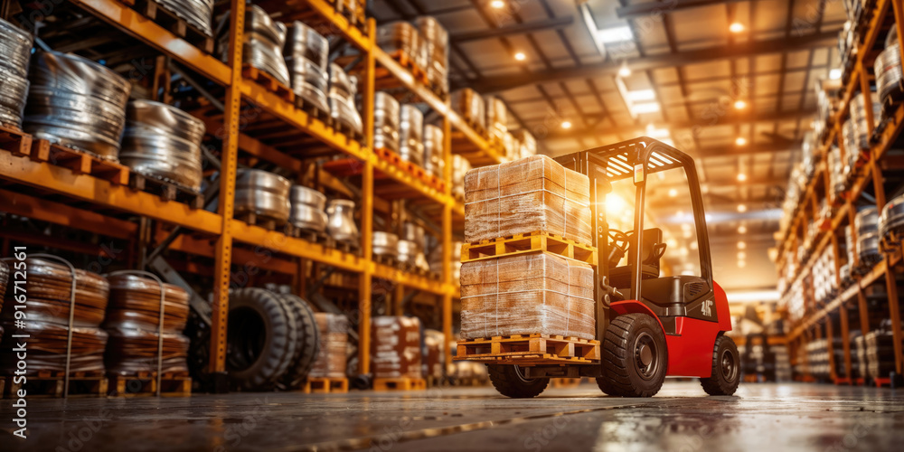Forklift carrying pallet with goods in logistics warehouse Forklift carrying pallet with goods in logistics warehouse