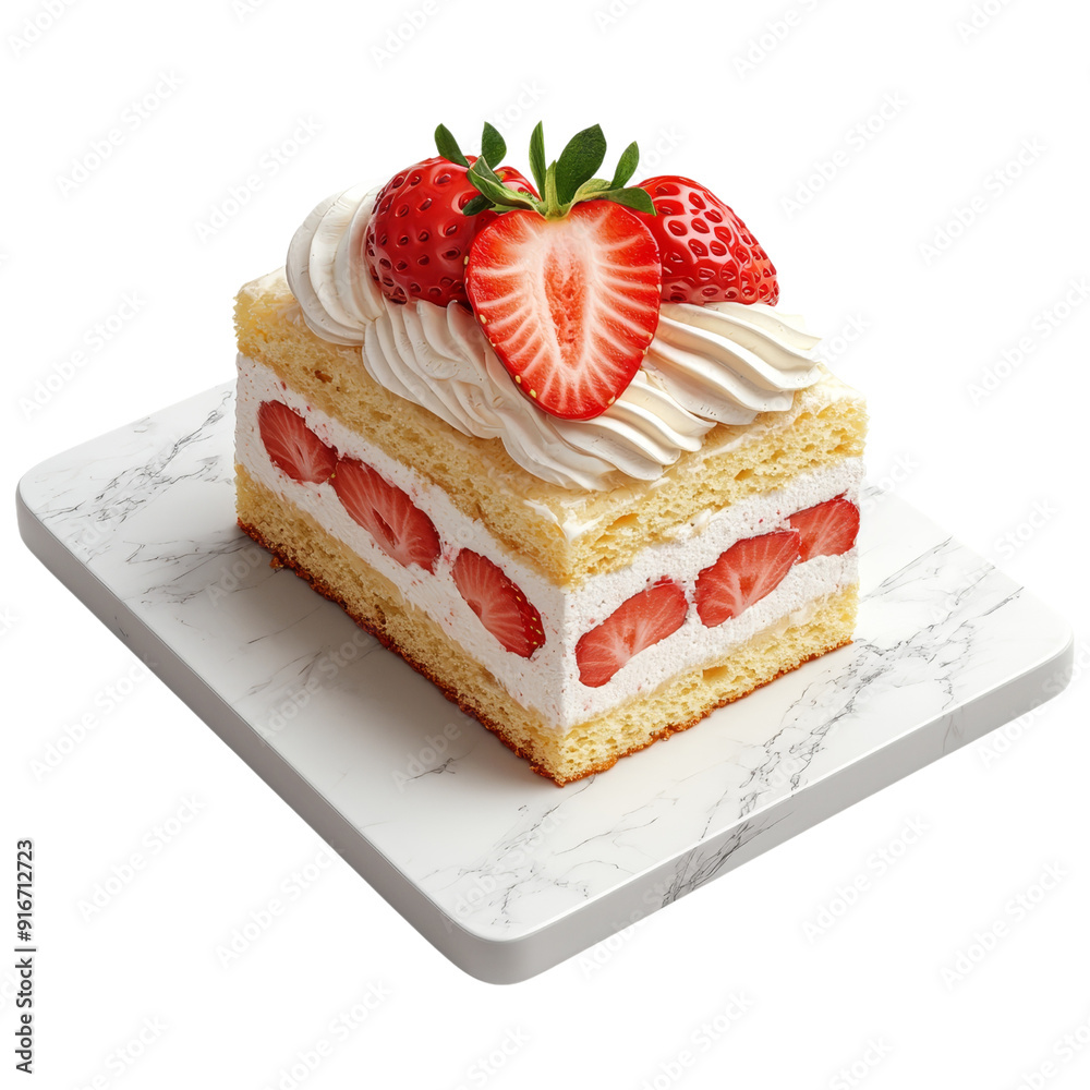 Strawberry shortcake slice with whipped cream and fresh strawberries on ...