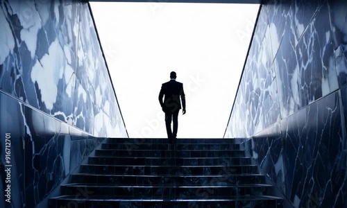 Ascending to Success: A lone businessman, silhouetted against the bright light at the end of a tunnel, climbs towards a promising future.