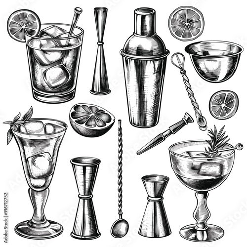Hand-drawn illustration of cocktail equipment and drinks, detailed and vintage-style.
