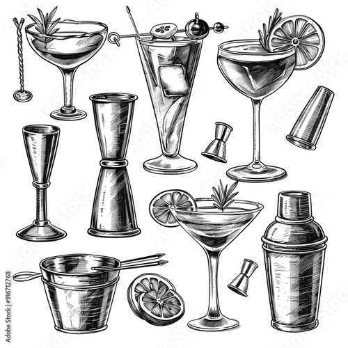 Hand-drawn illustration of cocktail equipment and drinks, detailed and vintage-style.
