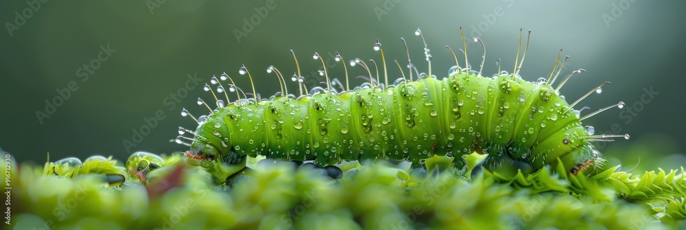 Naklejka premium Dew-Covered Caterpillar on Moss