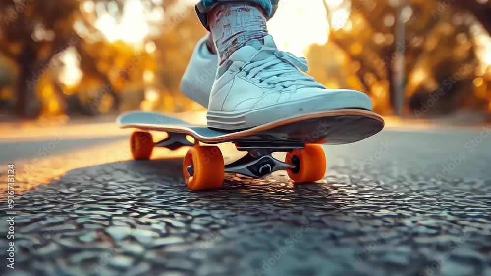 Close-up of a skateboard in motion at a skate park during sunset, with graffiti in the background