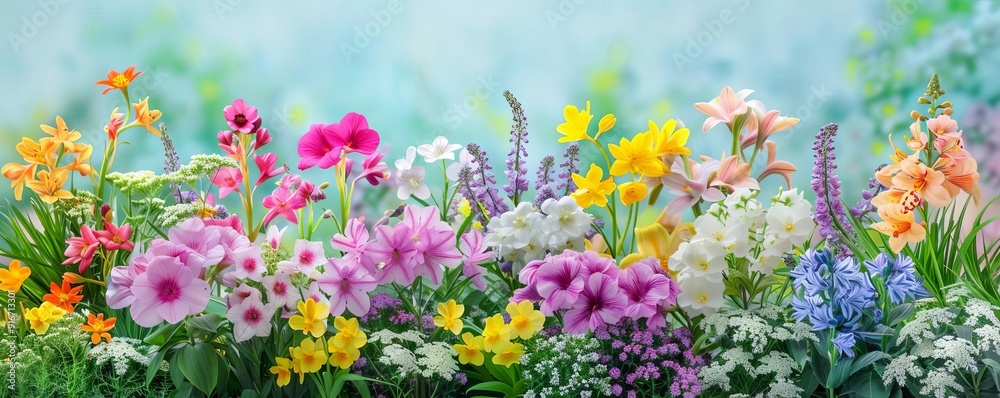 Rainbow of flowers in a lush spring garden, springtime, vivid floral display Rainbow of flowers in a lush spring garden, springtime, vivid floral display