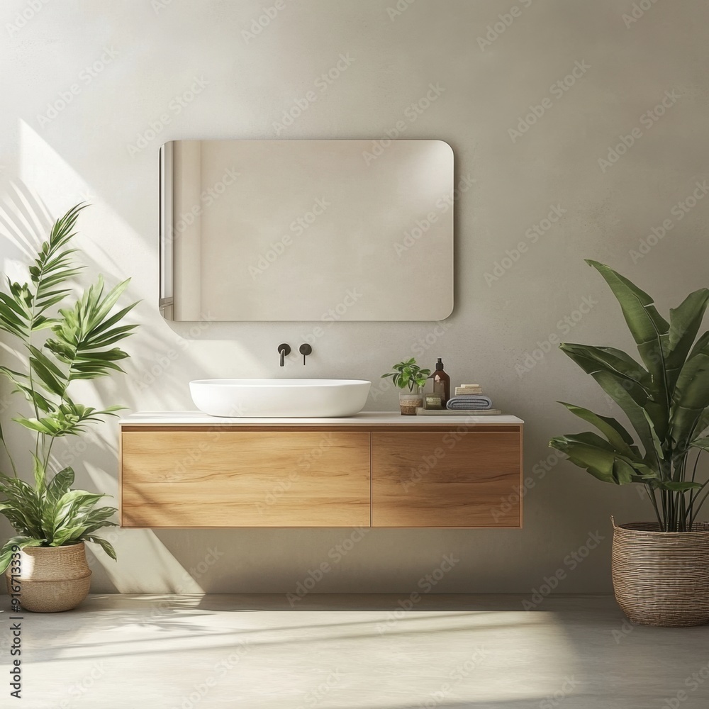 Fototapeta premium A bathroom with a sink, mirror, and potted plants. The bathroom has a modern and clean look