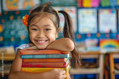 Smiling child holding colorful books happy classroom setting. Energetic student posing books academic setting. Embracing childhood curiosity and fun of learning academic setting. photo