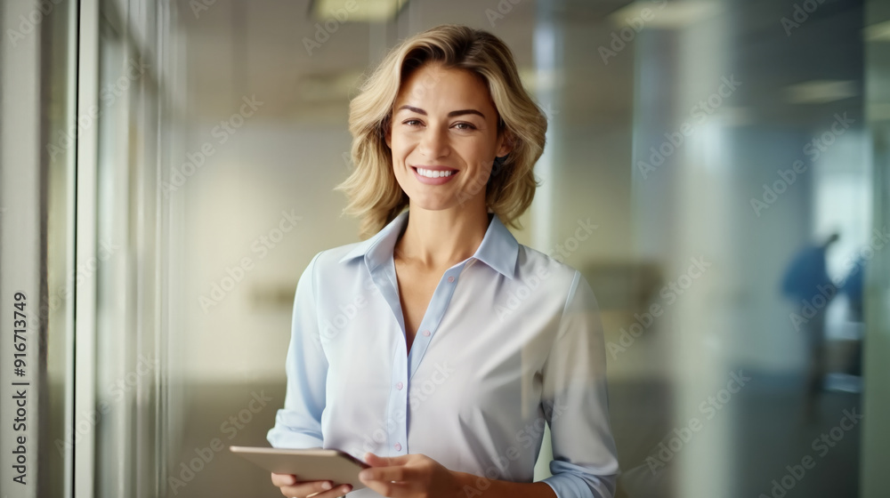 Fototapeta premium A smiling businesswoman stands in an office.
