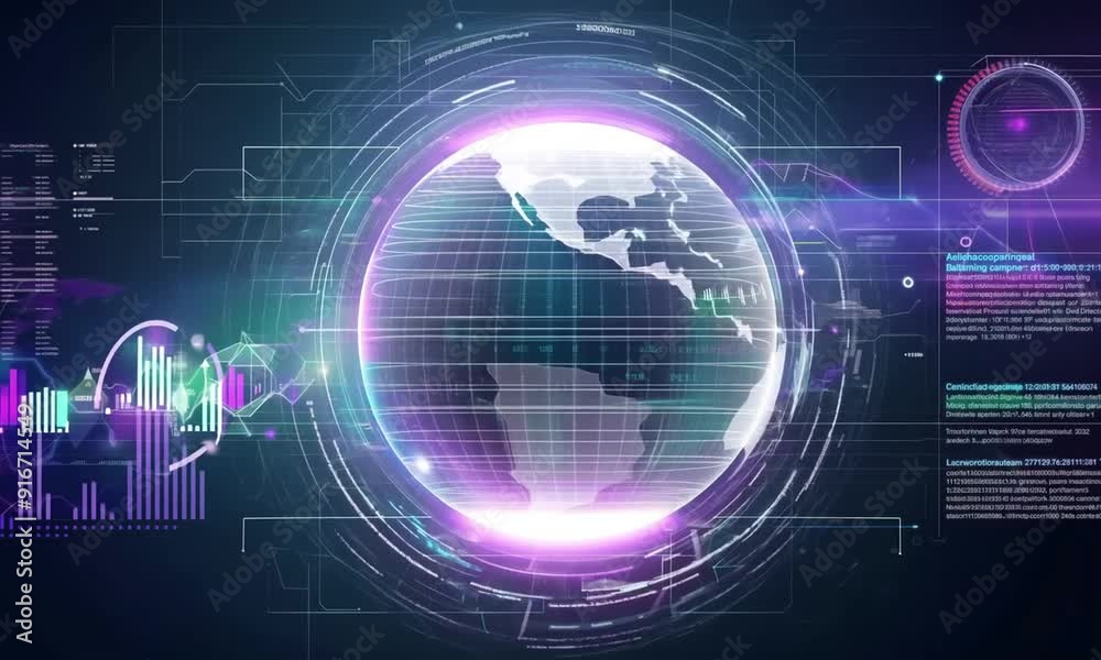 Global Tech Domination: A futuristic digital interface envelops the earth, pulsating with vibrant data visualizations, signifying advanced technology and global connectivity. 
