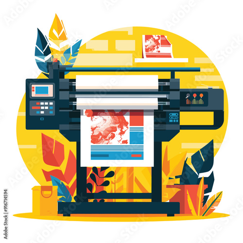 Flat vector illustration of a commercial printer with colorful output.
