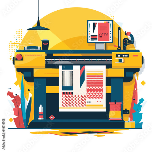 Flat vector illustration of a commercial printer with colorful output.
