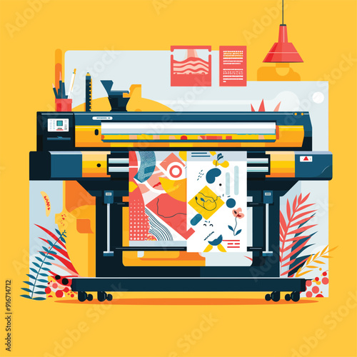 Flat vector illustration of a commercial printer with colorful output.
